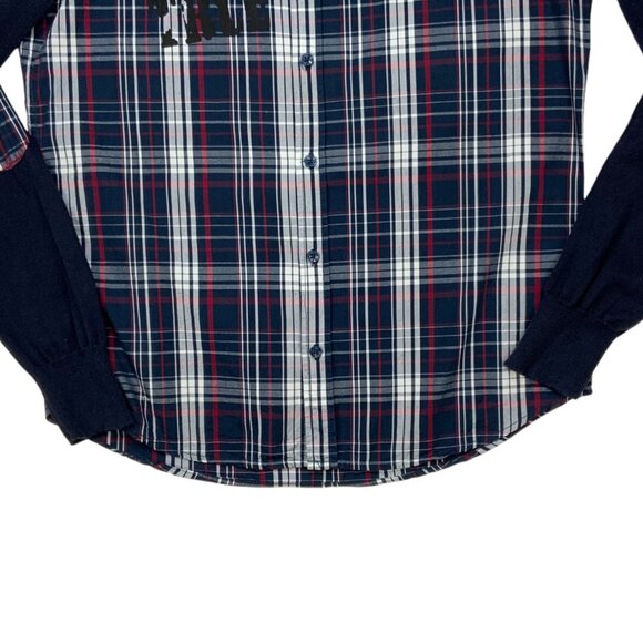 Desigual Button Front Shirt L Blue Plaid Knit Long Sleeve Elbow Patch Graphics - Picture 8 of 11